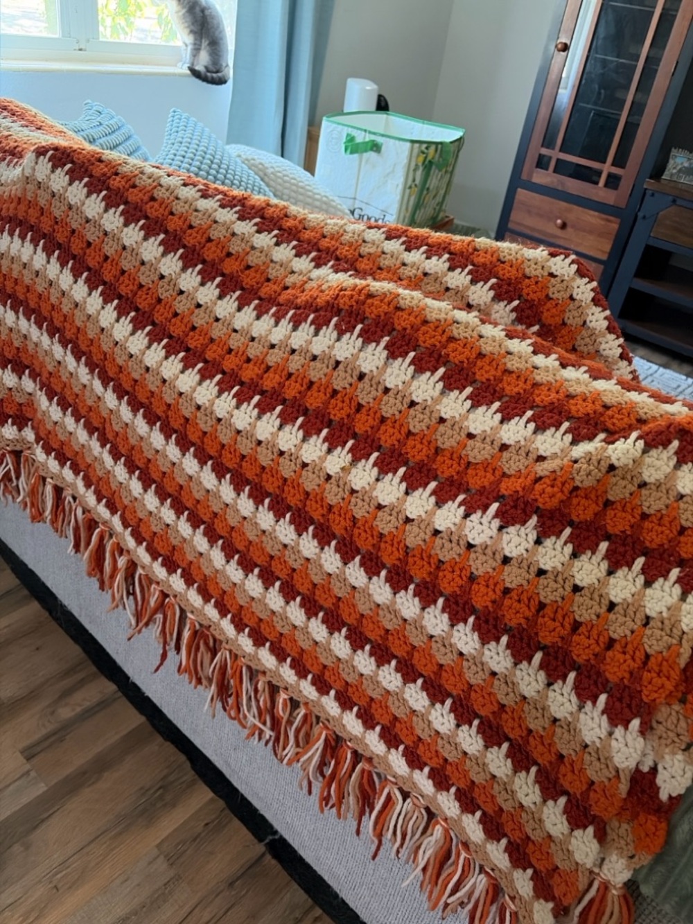 Handmade Orange & Cream Crochet Blanket - Cozy Home